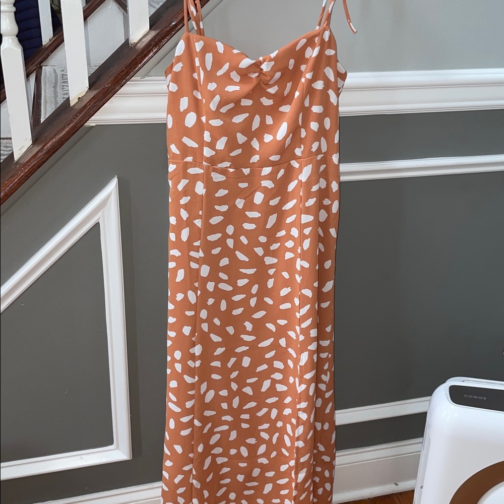 Lulus Party In Paris Light Orange Print Tie-strap Midi Dress - Size S - Picture 6 of 7